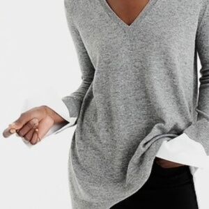 JCrew Grey M V Neck Sweater w/ White Shirt Cuffs Classic Minimalist